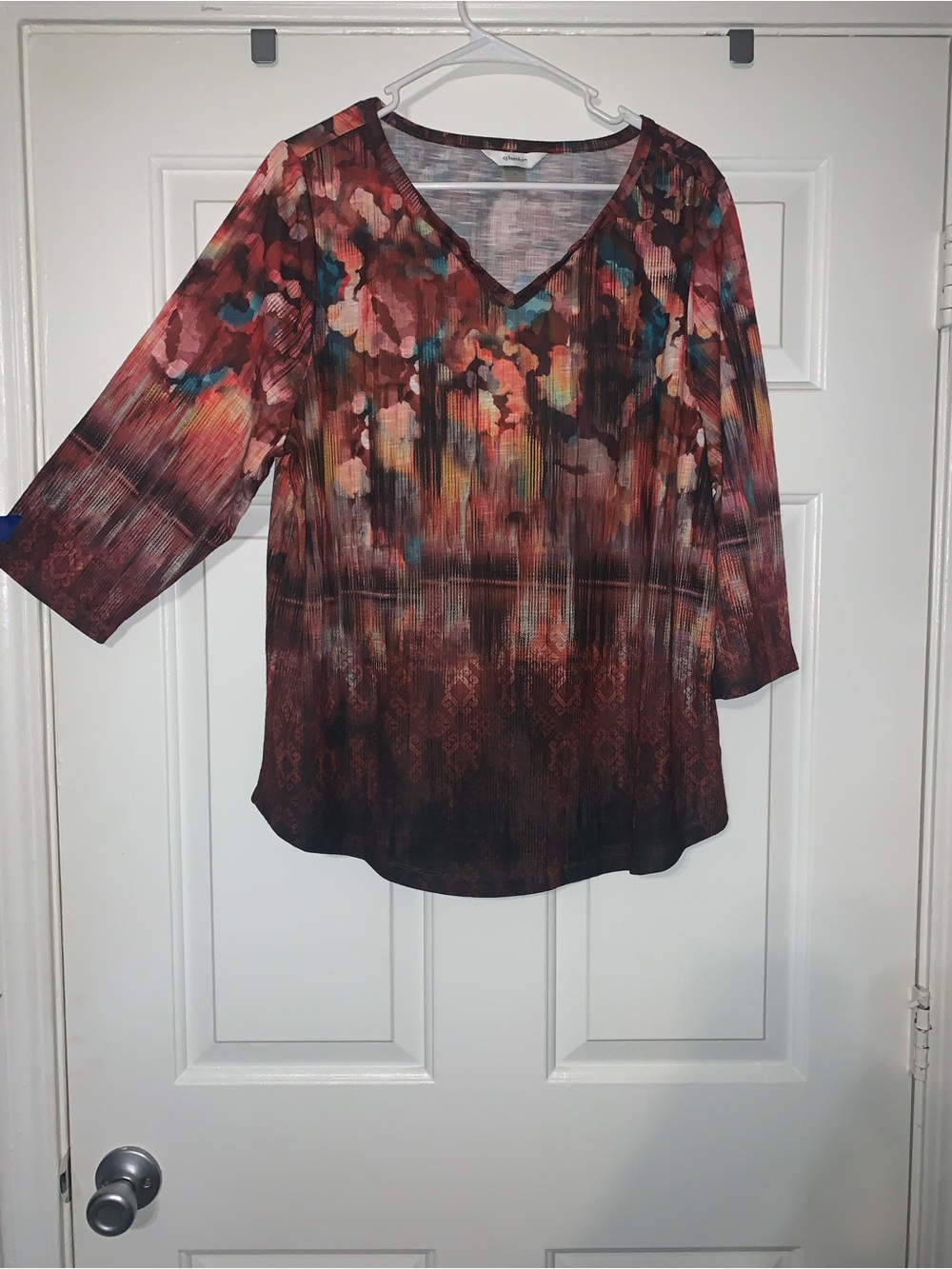 CJ Banks V-neck Floral Ombre 3/4 Sleeve Women's Top - Multi-Color